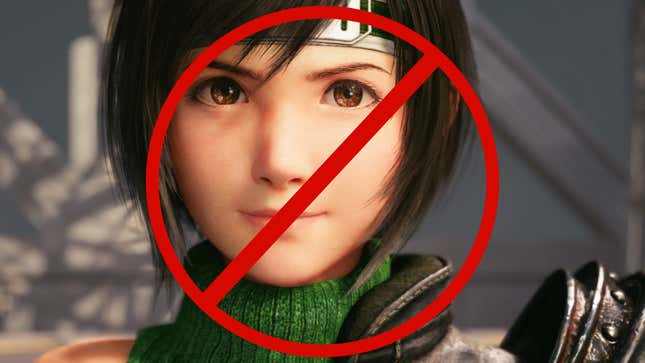 A "not allowed" sign is layered over a picture of Yuffie Kisaragi from Final Fantasy VII Remake Intergrade