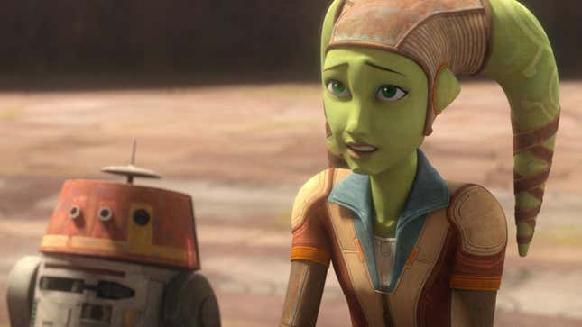 A young Hera Syndulla and her droid Chopper in a scene from Star Wars: Rebels.