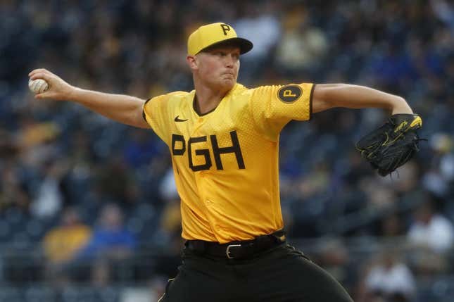 Aug 25, 2023; Pittsburgh, Pennsylvania, USA; Pittsburgh Pirates starting pitcher Mitch Keller (23) delivers a pitch against the Chicago Cubs during the first inning at PNC Park.