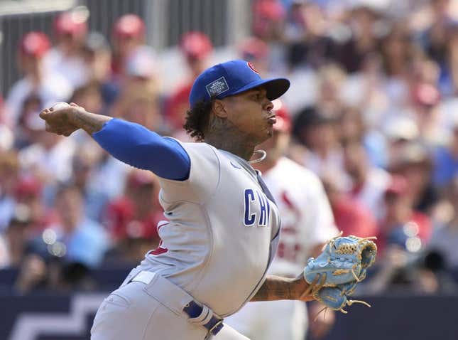Jun 25, 2023; London, GBR, ENG; Chicago Cubs starting pitcher Marcus Stroman (0) throws against the St. Louis Cardinals  in the first inning during London series game two at London Stadium.