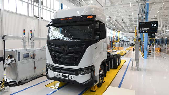 A photo of Nikola trucks on a production line. 