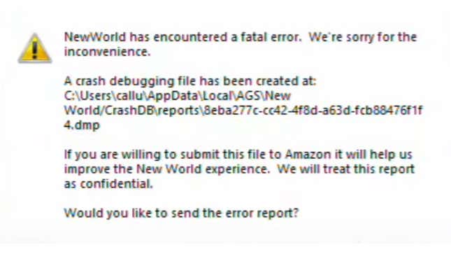 A screenshot of the error report
