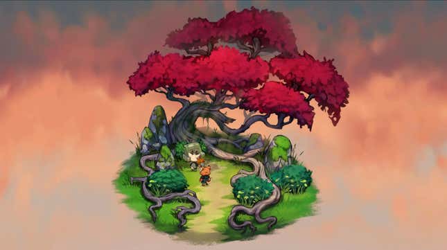 Two anthropomorphic animals stand in a green glade over which looms a large red tree against a watercolor background of pink hues.