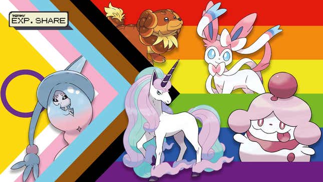 Fairy Pokemon are seen standing within the lines of the Progress Pride flag.