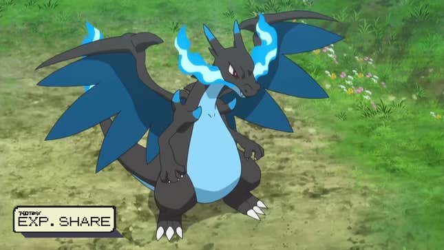 Mega Charizard X is shown standing in a grassy area.