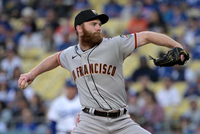 Jun 16, 2023; Los Angeles, California, USA; San Francisco Giants relief pitcher John Brebbia (59) pitches in the first inning against the Los Angeles Dodgers at Dodger Stadium.
