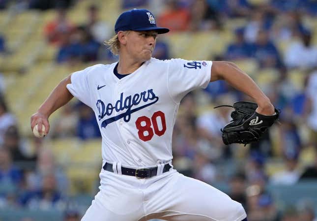 Jun 16, 2023; Los Angeles, California, USA; Los Angeles Dodgers starting pitcher Emmet Sheehan (80) pitches in the first inning as he makes his major league debut against the San Francisco Giants at Dodger Stadium.