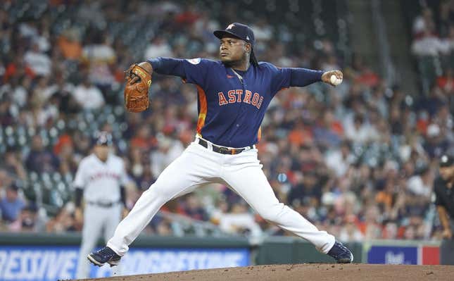 Aug 1, 2023; Houston, Texas, USA; Houston Astros starting pitcher Framber Valdez (59) delivers a pitch during the first inning against the Cleveland Guardians at Minute Maid Park.