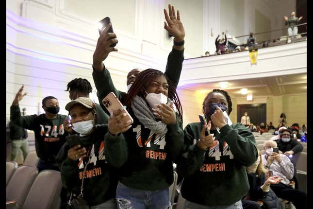 Morgan Park H.S. seniors react upon hearing will receive debt-free college scholarship from Hope Chicago during their assembly at Morgan Park H.S. in Chicago on Feb. 23, 2022. 