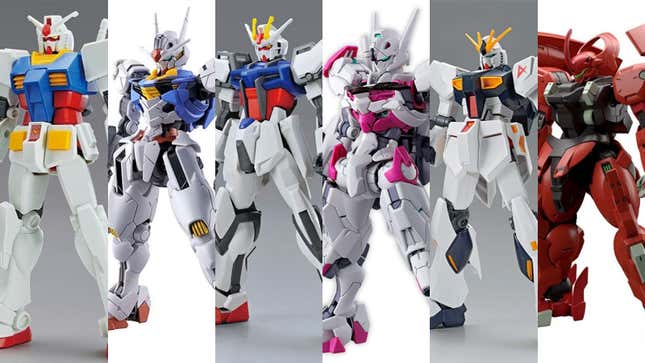 Left to Right: The EG Gundam RX-78-2, HG Gundam Aerial, EG Strike Gundam, HG Gundam Lfrith, EG Nu Gundam, and the HG Darilbalde.
