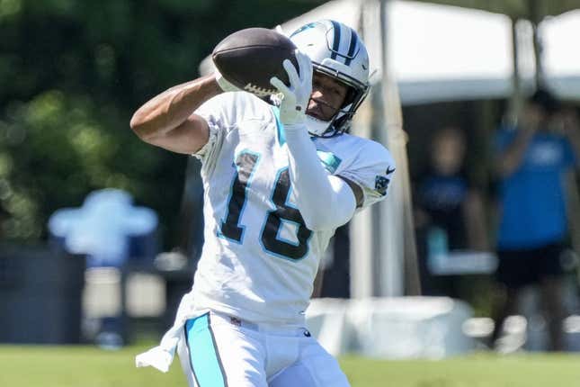 Jul 31, 2023; Spartanburg, SC, USA; Carolina Panthers wide receiver Damiere Byrd (18) makes a catch during practice during training camp at Wofford College.