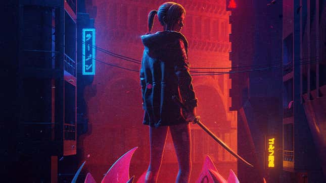 Crop of a poster for Adult Swim's Blade Runner: Black Lotus, featuring the protagonist Elle wielding a sword in an alleyway. 