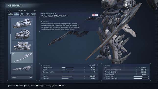 A menu displays the name and stats for the Moonlight blade.