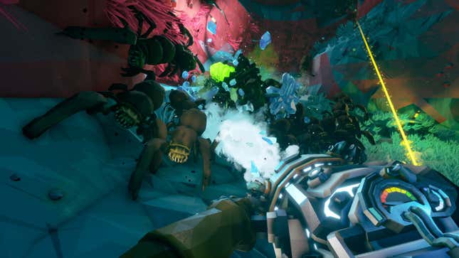 a dwarf shoots a bunch of a giant space ants with an ice gun from a first person perspective in deep rock galactic for xbox game pass