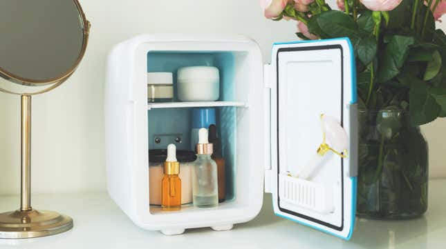 Mini fridge on a vanity table