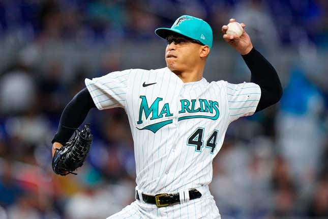 Jun 23, 2023; Miami, Florida, USA; Miami Marlins starting pitcher Jesus Luzardo (44) throws a pitch against the Pittsburgh Pirates during the first inning at loanDepot Park.