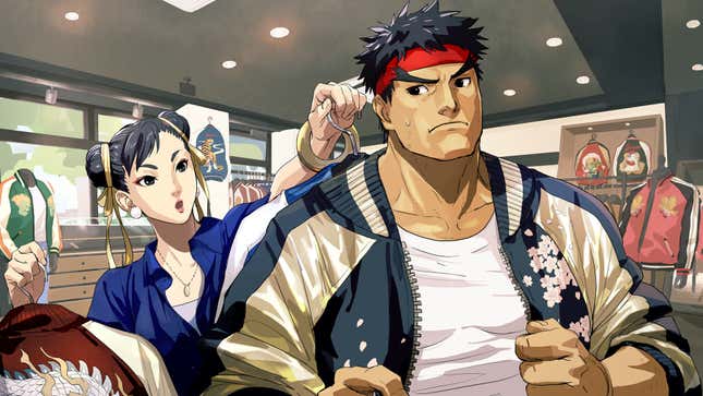 Chun-Li helps Ryu to shop for clothing, holding up a jacket to him.