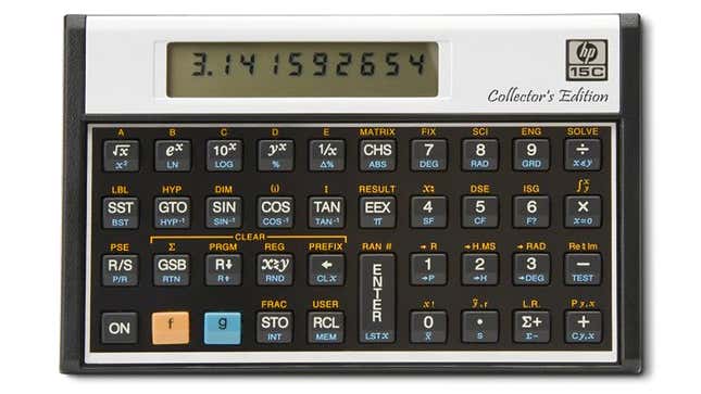 A close-up of the HP 15C Collector’s Edition scientific calculator.