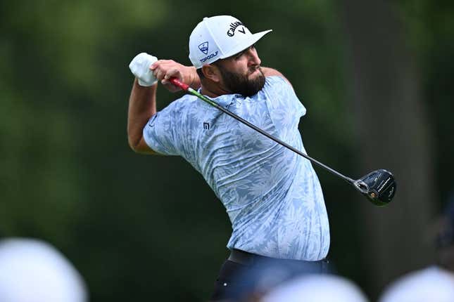 Aug 17, 2023; Olympia Fields, Illinois, USA; Jon Rahm tees off from the 7th tee during the first round of the BMW Championship golf tournament.