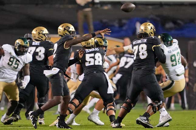 Sep 16, 2023; Boulder, Colorado, USA; Colorado Buffaloes quarterback Shedeur Sanders (2) passes the ball against the Colorado State Rams during the first half at Folsom Field.