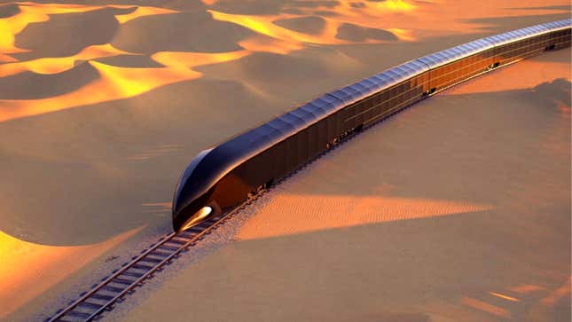 A render of the luxury G Train crossing a desert 