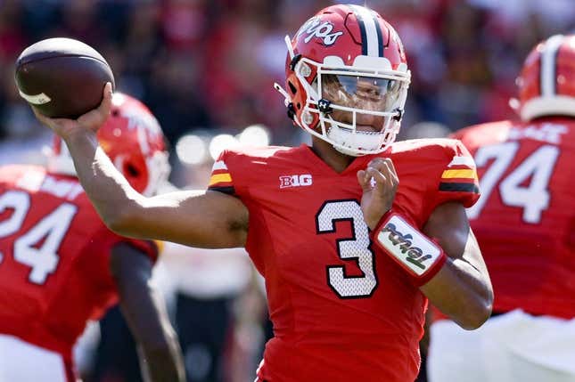 Sep 2, 2023; College Park, Maryland, USA;  Maryland Terrapins quarterback Taulia Tagovailoa (3) looks to throw as the action reflects off his visor during the first half against the Towson Tigers  at SECU Stadium.