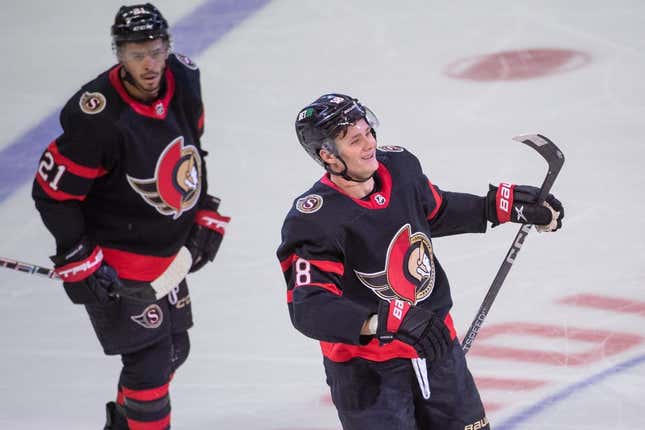 Mar 4, 2023; Ottawa, Ontario, CAN; Ottawa Senators left wing Tim Stutzle (18) celebrates his goal scored in the third period against the Columbus Blue Jackets at the Canadian Tire Centre.