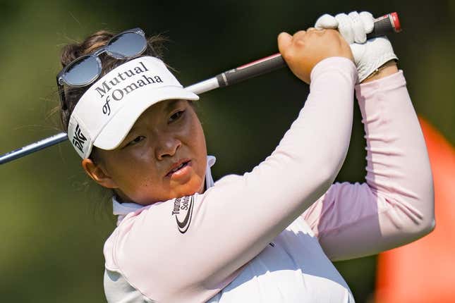 Aug 27, 2023; Vancouver, British Columbia, CAN; Megan Khang tees off on the fourth hole during the final round of the CPKC Women&#39;s Open golf tournament at Shaughnessy Golf &amp;amp; Country Club.