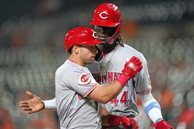 Jun 26, 2023; Baltimore, Maryland, USA; Cincinnati Reds outfielder Spencer Steer (7) greeted by third baseman Elly De La Cruz (44) following his two run home run in the sixth inning against the Baltimore Orioles at Oriole Park at Camden Yards.