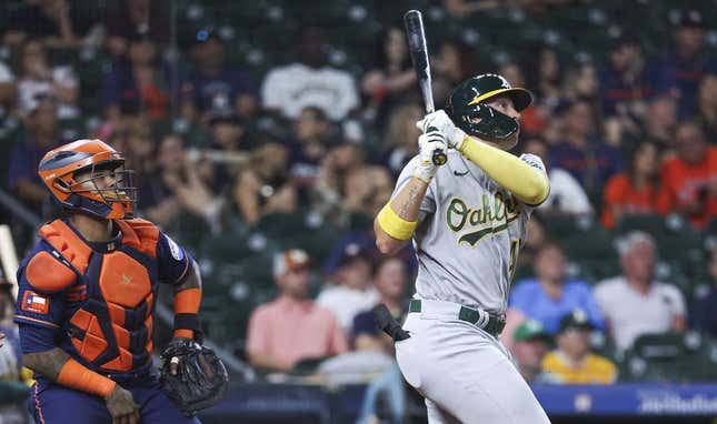 Sep 11, 2023; Houston, Texas, USA; Oakland Athletics first baseman Ryan Noda (49) hits a home run during the ninth inning against the Houston Astros at Minute Maid Park.