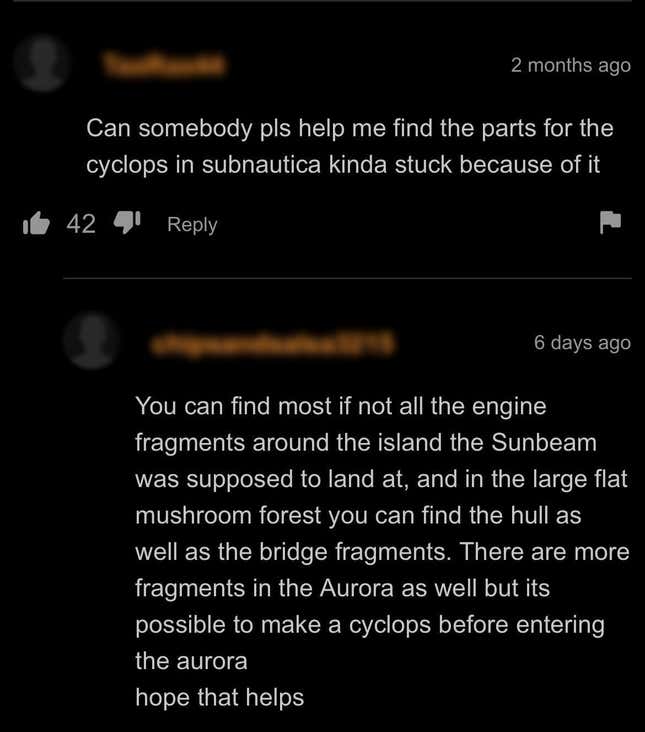 A screenshot of the comments section of a Pornhub video where two users discuss how to get parts for the Cyclops ship in Subnautica.