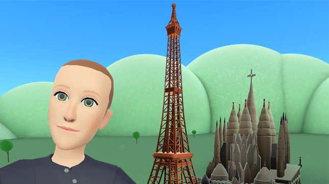 Mark Zuckerberg's avatar in Horizon Worlds is shown. In background you can see the Eiffel Tower and the completed Sagrada Familia.