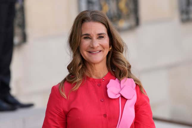 FILE - Co-chair of the Bill &amp; Melinda Gates Foundation Melinda French Gates smiles as she leaves June 23, 2023 the Elysee Palace in Paris. Several low cost and low tech interventions would increase the chances of mothers and their babies surviving childbirth, according to a new report released Tuesday, Sept. 12 by The Bill &amp; Melinda Gates Foundation that tracks progress towards the Sustainable Development Goals set at the United Nations in 2015. (AP Photo/Christophe Ena, file)