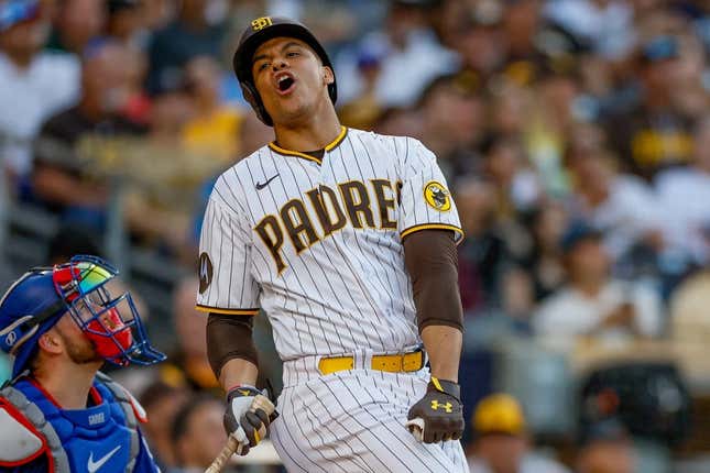 Jul 29, 2023; San Diego, California, USA;  San Diego Padres left fielder Juan Soto (22) reacts after flying out to left field during the fifth inning against the Texas Rangers at Petco Park.