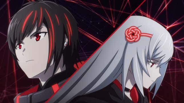 yuito and kasane against a red and black background in scarlet nexus