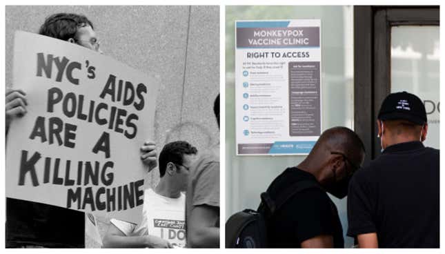 Artist David Wojnarowicz holding a sign at a demonstration at the New York City Department of Health on July 28, 1988 in New York City, New York (left). DC residents lined up at one of three walk-up DC Health Department monkeypox vaccination clinics in Washington on Friday, August 5, 2022 (right).