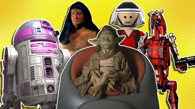 R2-KT, Yaddle, Mr. Bones and other obscure characters grouped together in a collage.