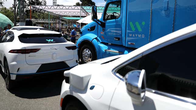 A fleet of Waymo cars shown off at Google I/O in 2018.