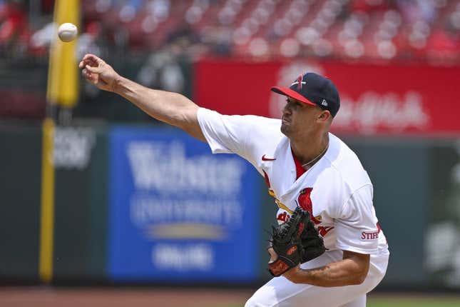 Jul 16, 2023; St. Louis, Missouri, USA;  St. Louis Cardinals starting pitcher Jack Flaherty (22) pitches against the Washington Nationals during the second inning at Busch Stadium.