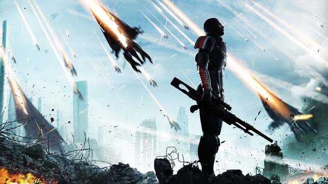 An image shows Commander Sheppard standing in a city surrounded by Reapers. 