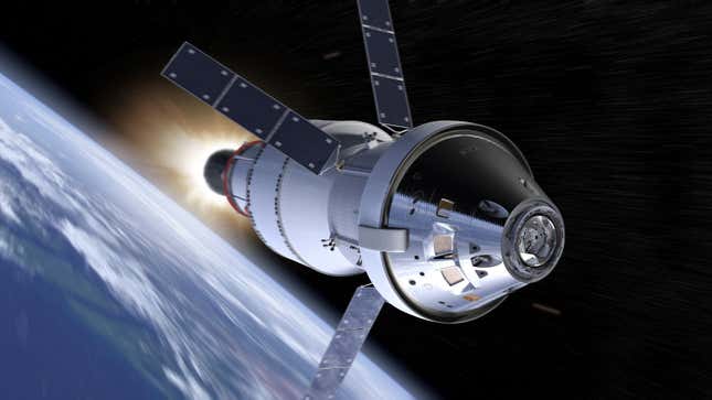 Concepción artística de la cápsula Orion alejándose de la Tierra.