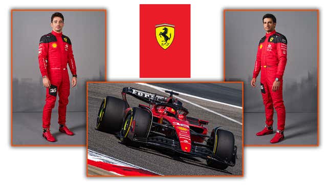 A collage showing pictures of Carlos Sainz, Charles Leclerc and the 2023 Ferrari F1 car. 