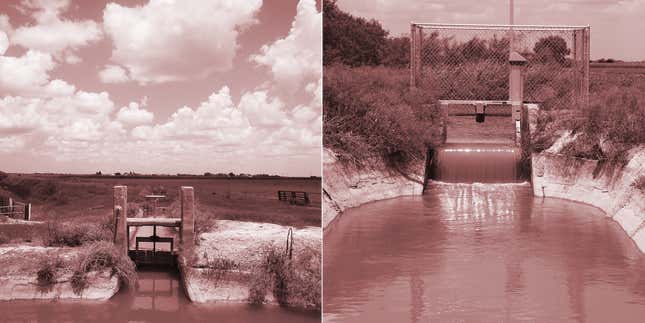 Left: One of the Delta Lake Irrigation District’s 35 old, hand-turned canal gates ,on the Raymondville canal. Right: A newer, electronic canal gate on the Raymondville canal.