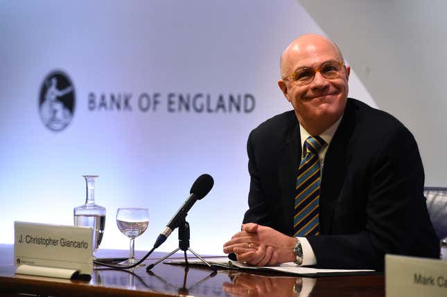 J. Christopher Giancarlo, Acting Chairman, Commodity Futures Trading  Commission during a press conference at the Bank of England in London in 2019.