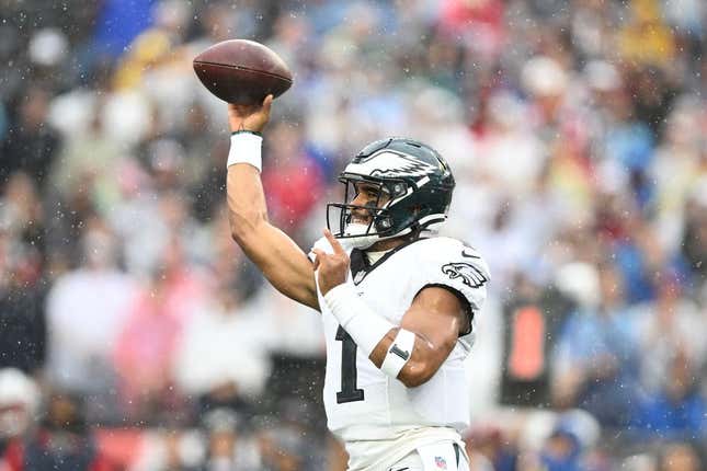 Sep 10, 2023; Foxborough, Massachusetts, USA; Philadelphia Eagles quarterback Jalen Hurts (1) makes a pass against the New England Patriots during the first half at Gillette Stadium.