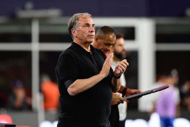 Jul 26, 2023; Foxborough, MA, USA; New England Revolution head coach Bruce Arena claps on the sideline during the second half against Club Atletico de San Luis at Gillette Stadium.