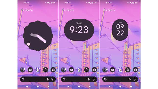 Three screenshots side-by-side of the different clock options