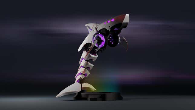 The Shark X case on a stand in front of a black background.