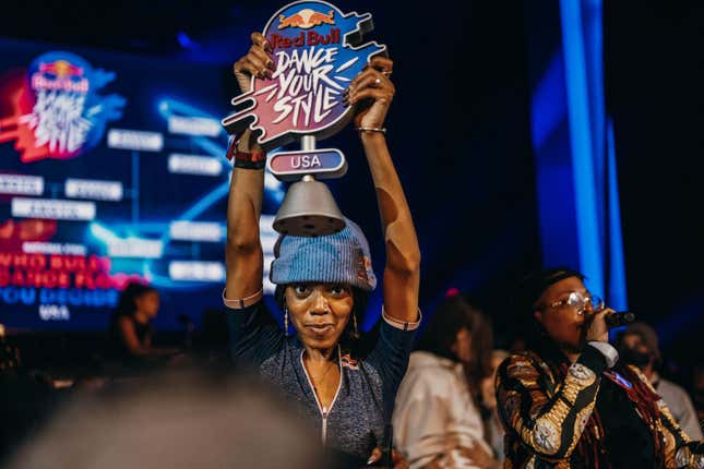 Angela “Angyil” McNeal holding her trophy after winning Red Bull’s Dance Your Style National Finals USA