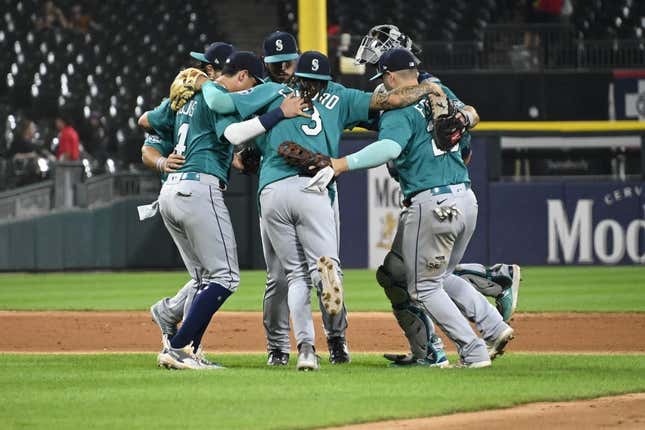 Aug 22, 2023; Chicago, Illinois, USA; The Seattle Mariners celebrate after the team   s game against the Chicago White Sox at Guaranteed Rate Field.